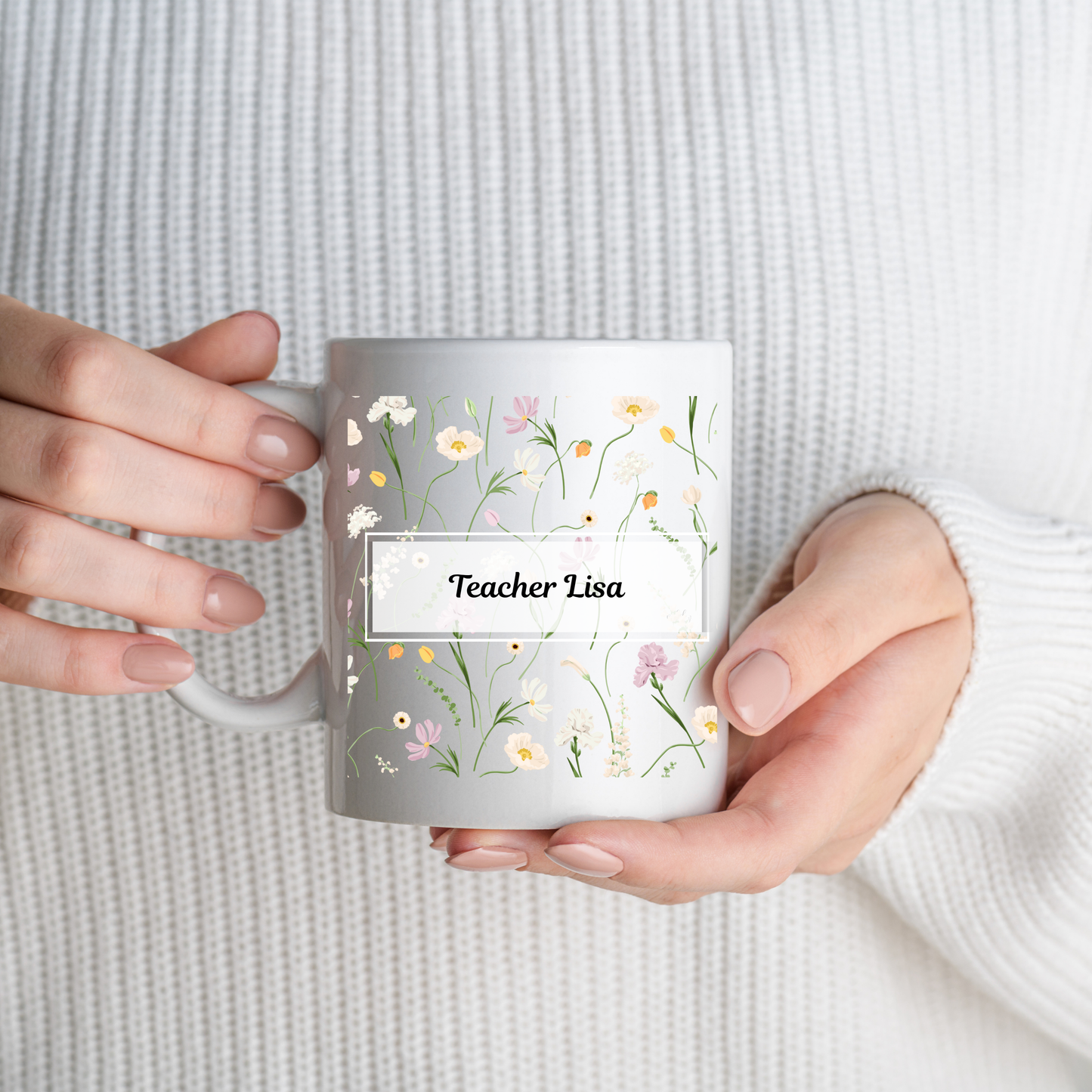 Personalised Teacher Mug with Green Pink White Floral Pattern | Custon Ceramic Gift