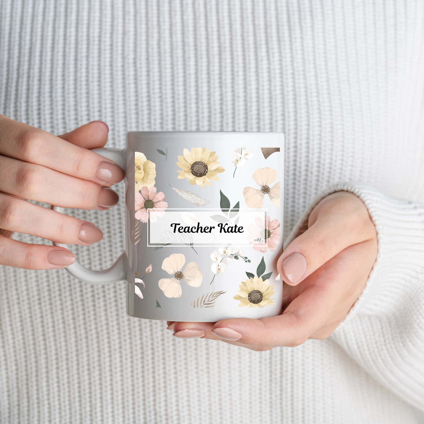 Personalised Teacher Mug with Pastel Green Pink White Florals | Custom Ceramic Gift