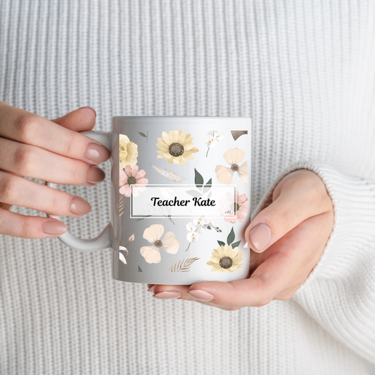 Personalised Teacher Mug with Pastel Green Pink White Florals | Custom Ceramic Gift
