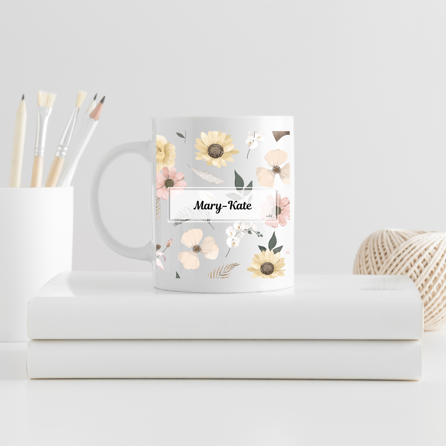 Personalised Teacher Mug with Pastel Green Pink White Florals | Custom Ceramic Gift