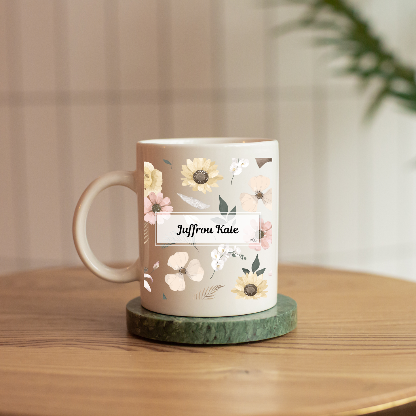 Personalised Teacher Mug with Pastel Green Pink White Florals | Custom Ceramic Gift