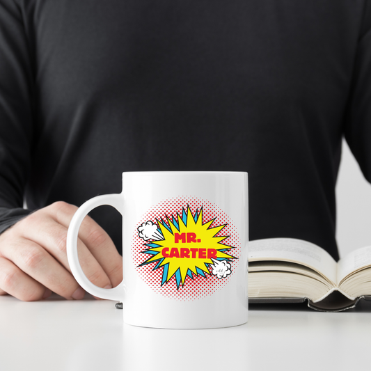 Personalised Male Teacher Mug with Superhero Pop Art | Custom Ceramic Gift