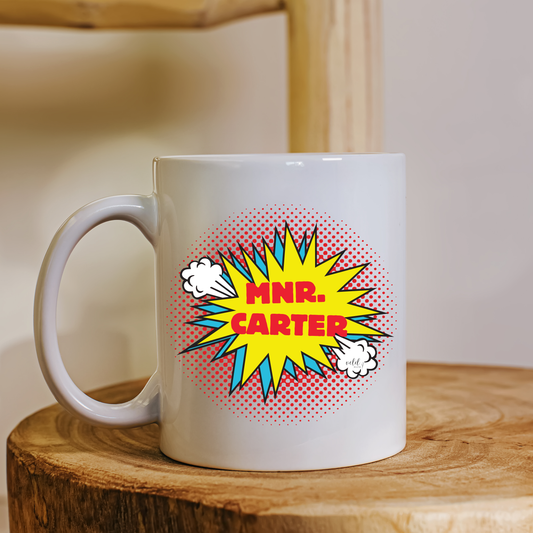 Personalised Male Teacher Mug with Superhero Pop Art | Custom Ceramic Gift